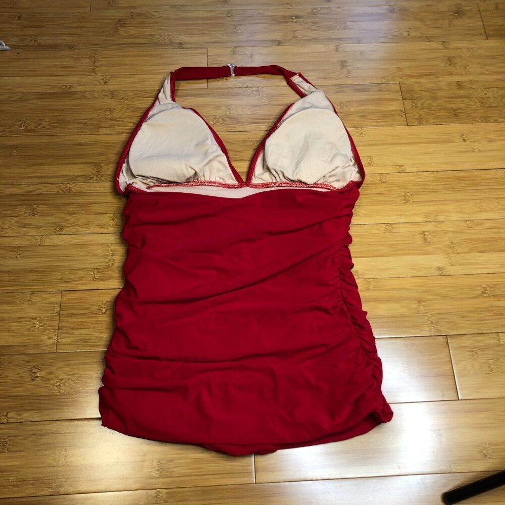 AB Lambdin Red Halter Pinup Swim suit built in Girdle sz 14  L Marilyn - Picture 2 of 10
